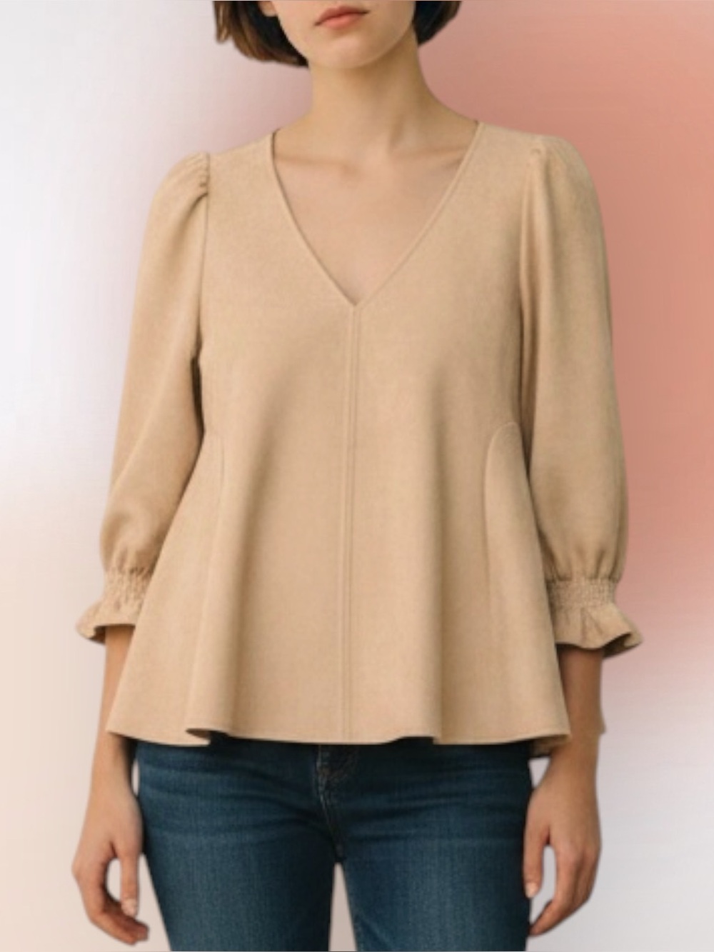 Tuckernuck Faux Suede Easton Swing Top V Neck 3/4 Puff Sleeves